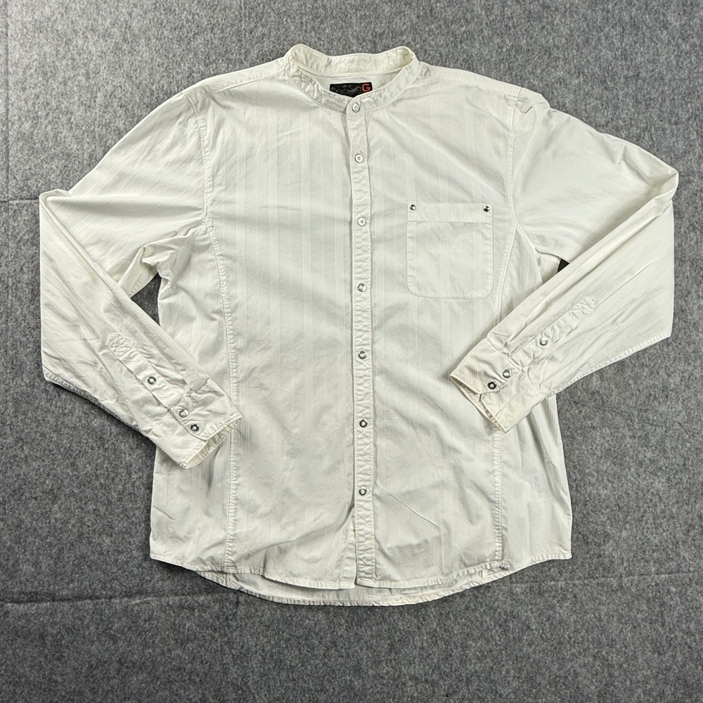 Vintage Guess Mens XL White Tonal Stripe Mandarin Collar Snap Front Shirt 90s‎